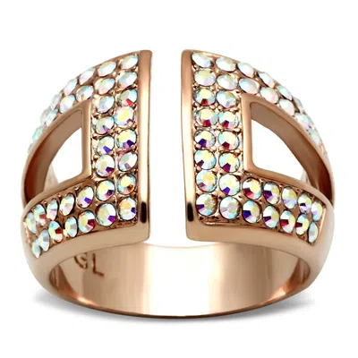 Fashnzfab Ip Rose Gold(ion Plating) Brass Ring With Top Grade Crystal In Aurora Borealis (rainbow Effect) In Multi