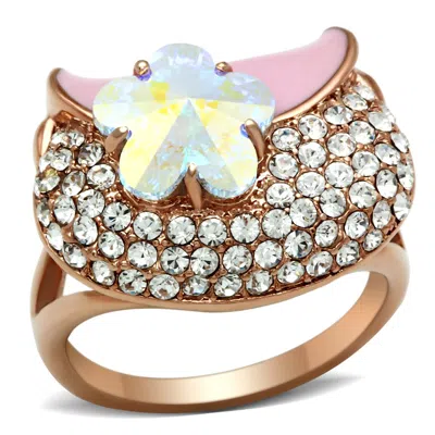 Fashnzfab Ip Rose Gold(ion Plating) Brass Ring With Top Grade Crystal In Clear