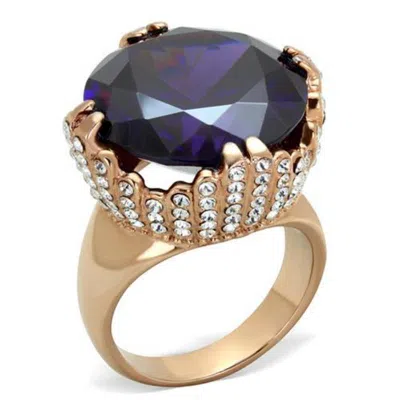 Fashnzfab Ip Rose Gold(ion Plating) Stainless Steel Ring With Aaa Grade Cz In Amethyst
