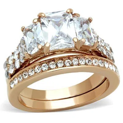 Fashnzfab Ip Rose Gold(ion Plating) Stainless Steel Ring With Aaa Grade Cz In Clear