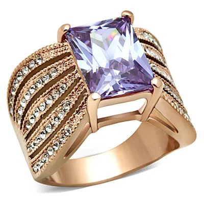 Fashnzfab Ip Rose Gold(ion Plating) Stainless Steel Ring With Aaa Grade Cz In Light Amethyst