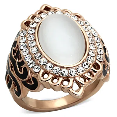 Fashnzfab Ip Rose Gold(ion Plating) Stainless Steel Ring With Synthetic Cat Eye In White