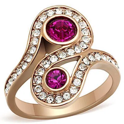 Fashnzfab Ip Rose Gold(ion Plating) Stainless Steel Ring With Top Grade Crystal In Fuchsia