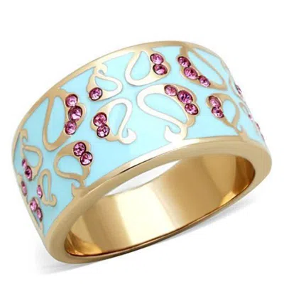 Fashnzfab Ip Rose Gold(ion Plating) Stainless Steel Ring With Top Grade Crystal In Rose In Blue