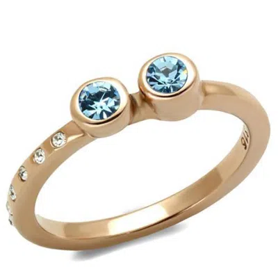 Fashnzfab Ip Rose Gold(ion Plating) Stainless Steel Ring With Top Grade Crystal In Sea Blue
