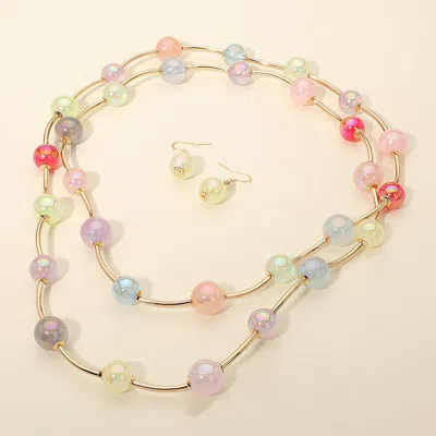 Fashnzfab Iridescent Ball Metal Bar Beaded Stretch Wrappable Long Necklace In Pink