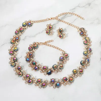 Fashnzfab Iridescent Ball Rhinestone Branch Link Statement Jewelry Set In Gold