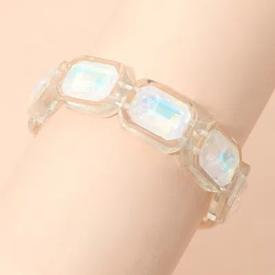 Fashnzfab Iridescent Rectangular Resin Frame Beaded Stretch Bracelet In White