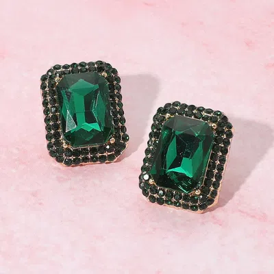 Fashnzfab Iridescent Rectangular Rhinestone Evening Stud Earrings In Green