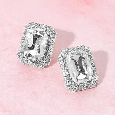 Fashnzfab Iridescent Rectangular Rhinestone Evening Stud Earrings In Pink