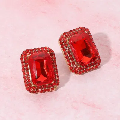Fashnzfab Iridescent Rectangular Rhinestone Evening Stud Earrings In Red