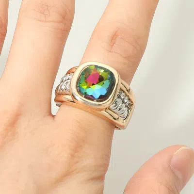 Fashnzfab Iridescent Square Crystal Accent Cz Pave Statement Stretch Ring In Green