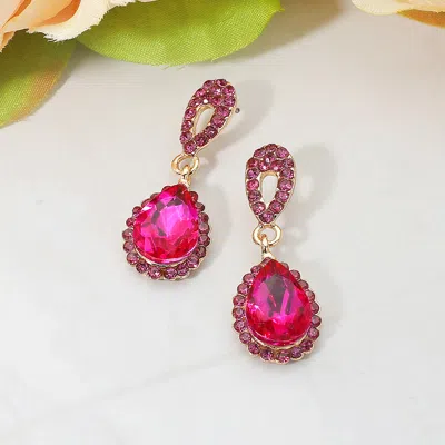 Fashnzfab Iridescent Teardrop Crystal Dangle Earrings In Pink