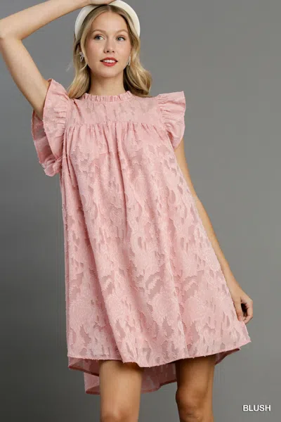 Fashnzfab Jacquard Lace Ruffle Short Sleeve Dress With Back Button Keyhole In Gold