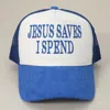 Fashnzfab Jesus Saves I Spend Message Embroidered Mesh Back Suede Trucker Cap In Blue