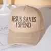 Fashnzfab Jesus Saves I Spend Message Printed Five Panel Mesh Back Trucker Hat In Brown