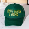Fashnzfab Jesus Saves I Spend Message Printed Five Panel Mesh Back Trucker Hat In Green