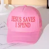 Fashnzfab Jesus Saves I Spend Message Printed Five Panel Mesh Back Trucker Hat In Pink