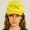 Fashnzfab Jesus Saves I Spend Message Printed Five Panel Mesh Back Trucker Hat In Yellow