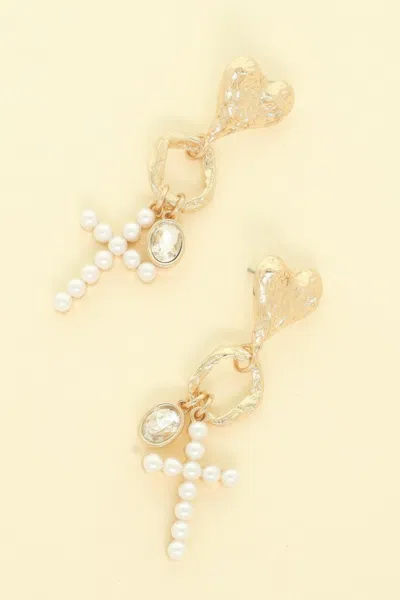 Fashnzfab Jeweled Cross Heart Charm Earrings In Gold