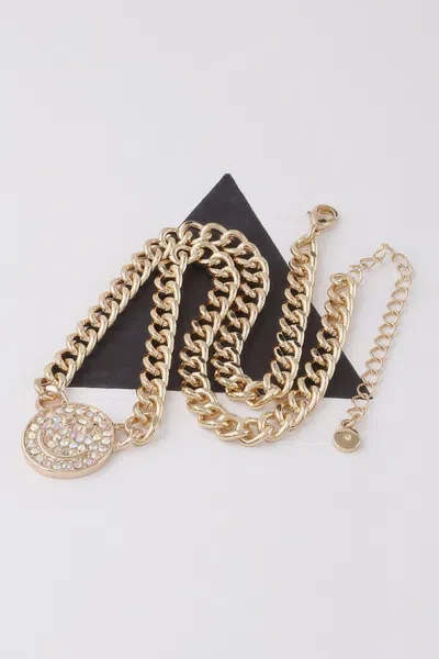 Fashnzfab Jeweled Smiley Face Chain Necklace In Gold