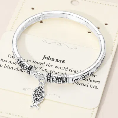 Fashnzfab John 3:16 Inspirational Religious Message Symbolic Charm Stretch Bangle Bracelet - Antique Silver In Multi