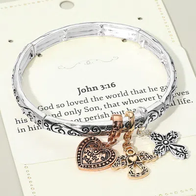Fashnzfab John 3:16 Message Angel Heart Cross Charm Stretch Bracelet In Metallic