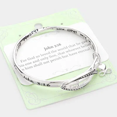 Fashnzfab John 3:16 Metal Ichthys Cross Accented Heart Charm Message Bangle Bracelet Antique Silver In Metallic