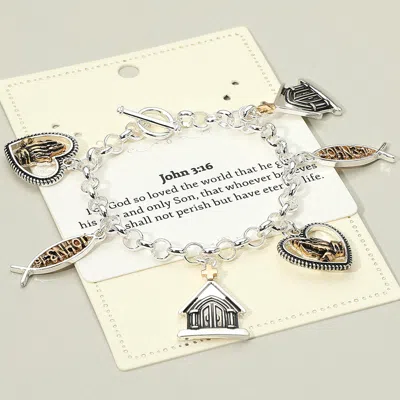 Fashnzfab John 3:16 Religious Message Church Heart Praying Hand Faith Charm Station Toggle Bracelet In Silver