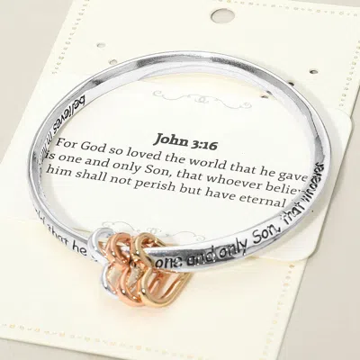 Fashnzfab John 316 Religious Message Engraved Triple Open Heart Charms Bangle Bracelet - Three Tone In Multi