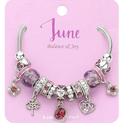 Fashnzfab June - Birthstone Heart Charm Multi Beaded Bracelet Lavender In Purple