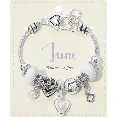 Fashnzfab June - Birthstone Heart Charm Multi Beaded Bracelet White In Silver