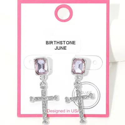 Fashnzfab June - Silver Dipped Birthstone Cross Drop Earrings In Multi