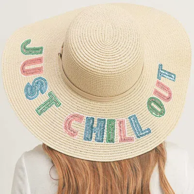 Fashnzfab Just Chill Out Sequin Message Straw Panama Sun Hat In Sand
