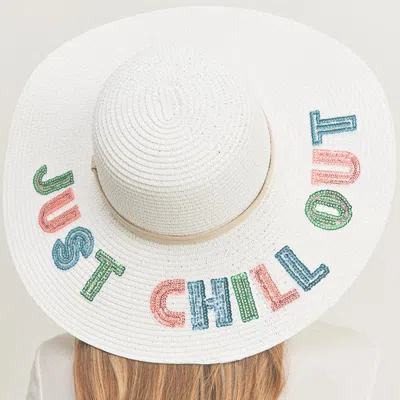 Fashnzfab Just Chill Out Sequin Message Straw Panama Sun Hat In White