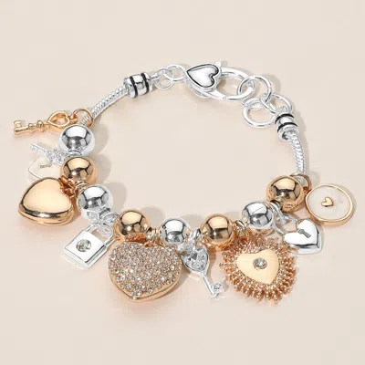 Fashnzfab Key Lock Heart Charm Beaded Bracelet Two Tone In Multi