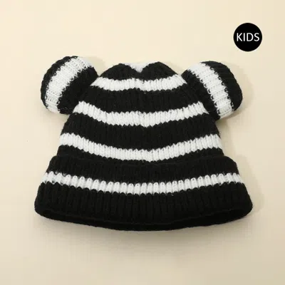 Fashnzfab Kids Cute Bear Ear Striped Knit Winter Beanie Hat In Black