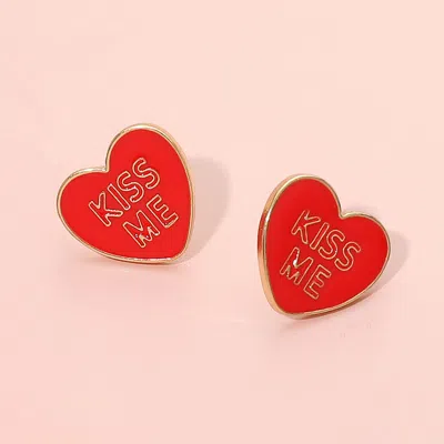 Fashnzfab Kiss Me Enamel Heart Stud Earrings In Red