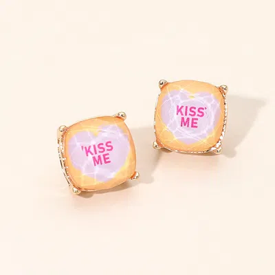 Fashnzfab Kiss Me Message Heart Square Cushion Stud Earrings Lavender, Orange In Multi