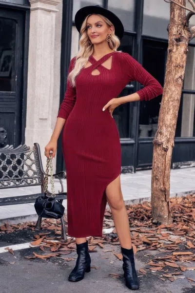 Fashnzfab Knit Cross Cut Out Neck Asymmetric Hem Dress In Pink