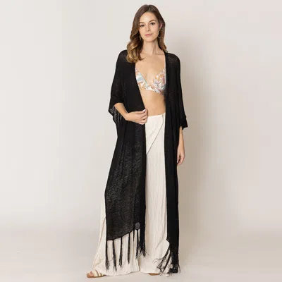 Fashnzfab Knit Fringe Kimono Poncho In Black