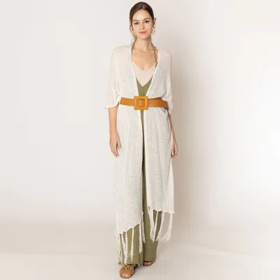 Fashnzfab Knit Fringe Kimono Poncho In White