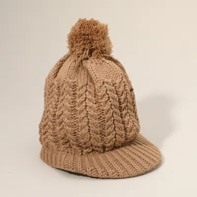 Fashnzfab Knit Pom Pom Visor Beanie Hat In Beige