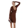 Fashnzfab Knit Ribbed Button Up Detail Collared Long Sleeve Midi Dress In Brown