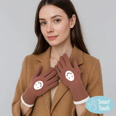 Fashnzfab Knit Smile Accent Smart Touch Gloves In Brown
