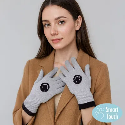 Fashnzfab Knit Smile Accent Smart Touch Gloves In Gray