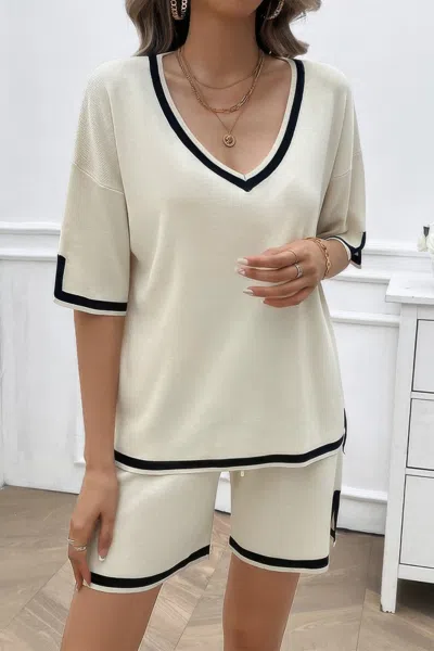 Fashnzfab Knit Solid Deep V Neck Loose Drawstring Loose Set In Sand