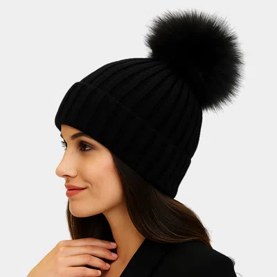 Fashnzfab Knitted Fox Fur Pom Pom Winter Beanie Hat In Black