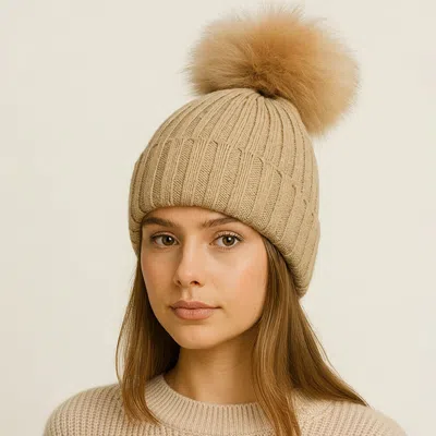 Fashnzfab Knitted Fox Fur Pom Pom Winter Beanie Hat In Brown