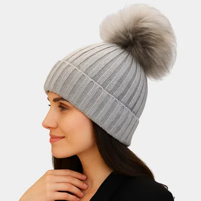 Fashnzfab Knitted Fox Fur Pom Pom Winter Beanie Hat In Gray